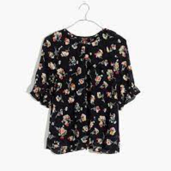 MADEWELL BNWOT Black Floral Vneck Ruffle Short Sleeve Top  Sz XSmall Silk - Picture 2 of 8